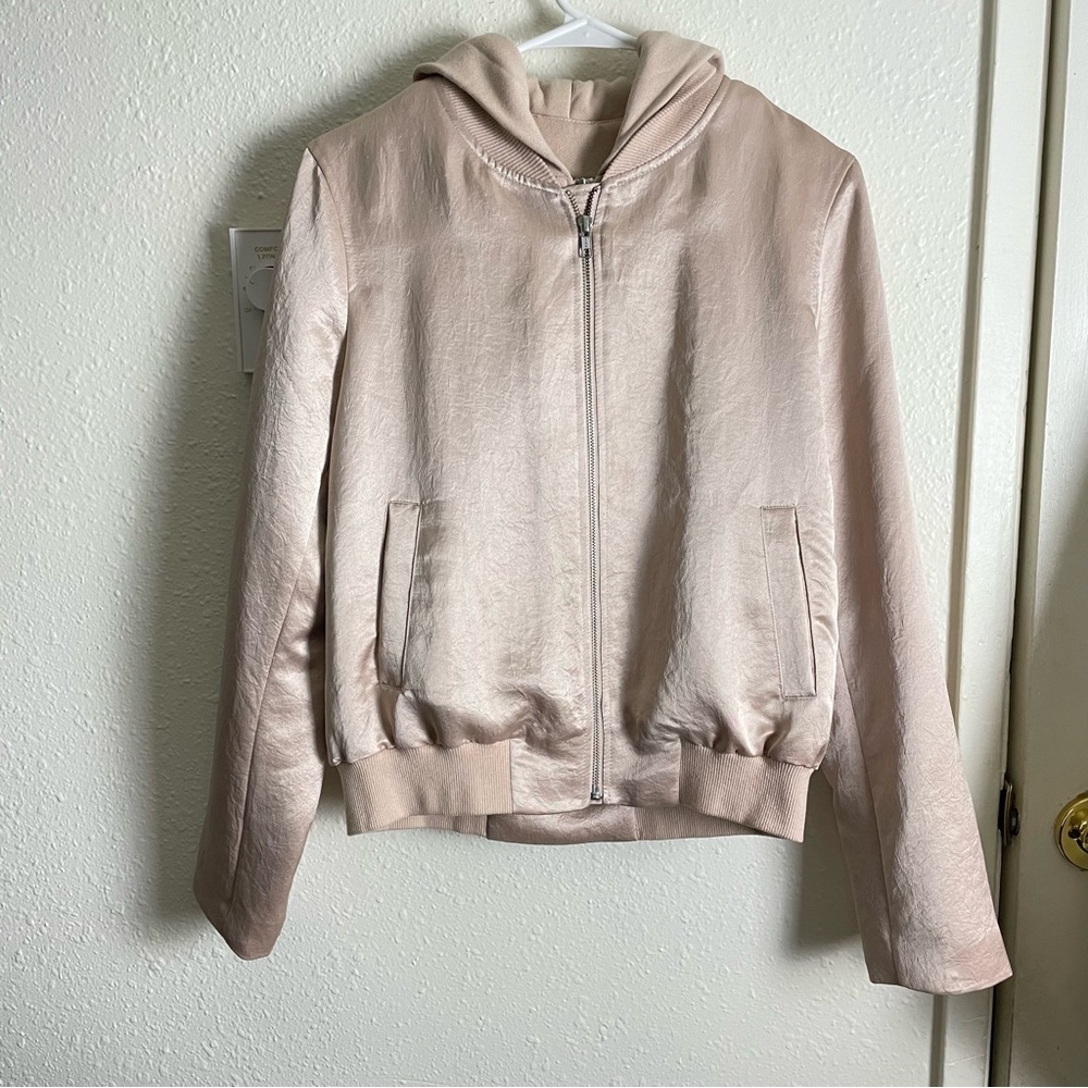$495 A.L.C. Moto Bomber Jacket Women's Large Detachable Hood Satin